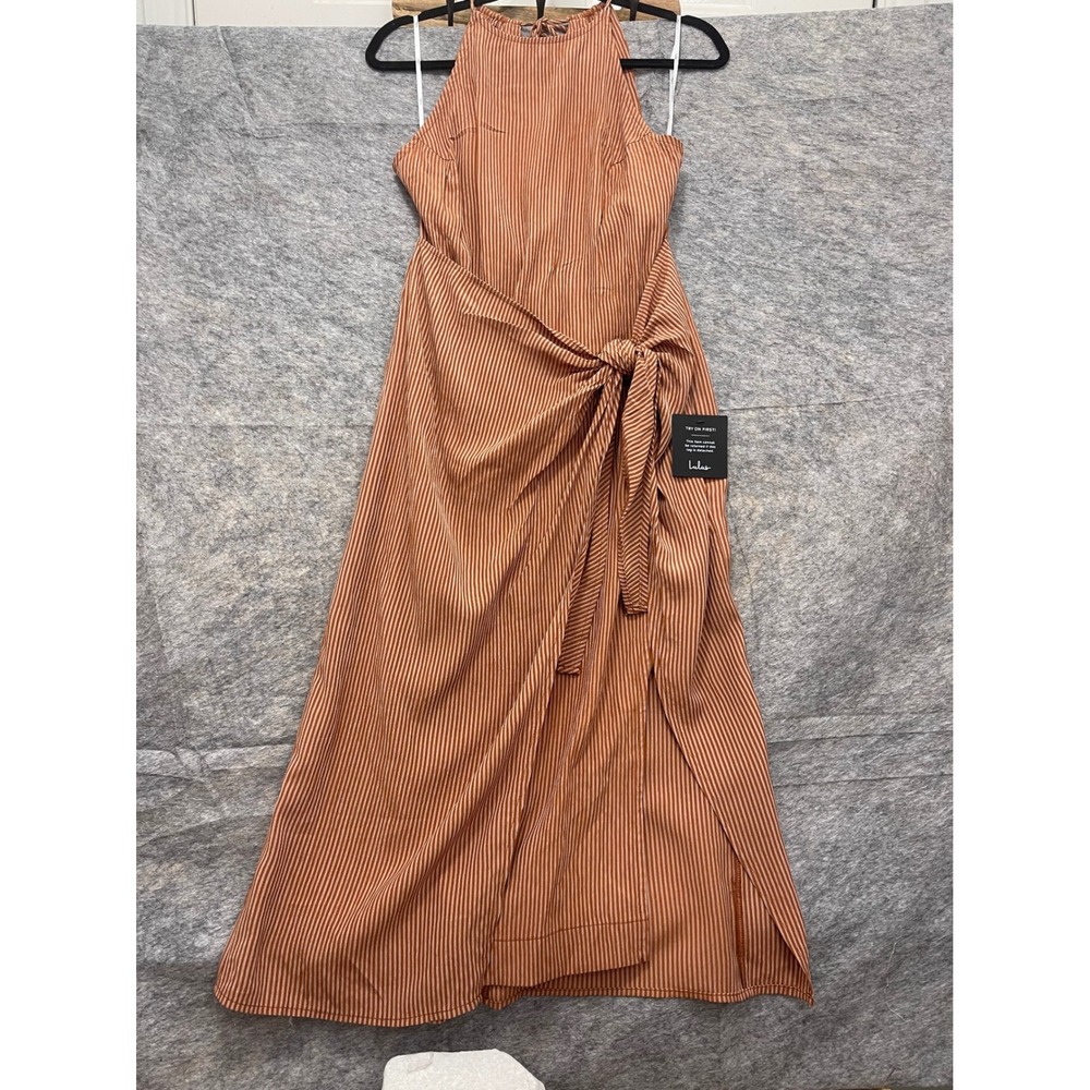 Sleeveless Rust Striped Maxi Dress with Tie Waist